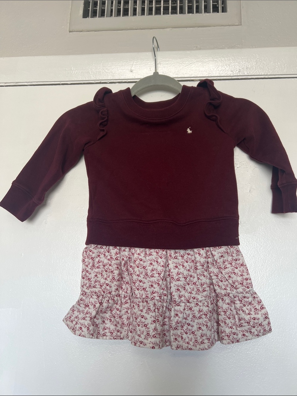 Ralph Lauren Burgundy Ruffle Sweatshirt Dress with Floral Hem